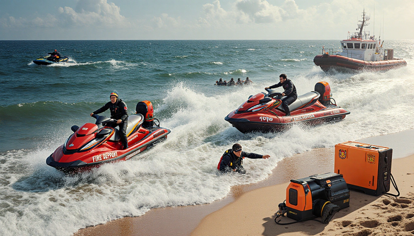 Rescue team racing on jet skis toward Copacabana beach scene with waves and sonar equipment and divers