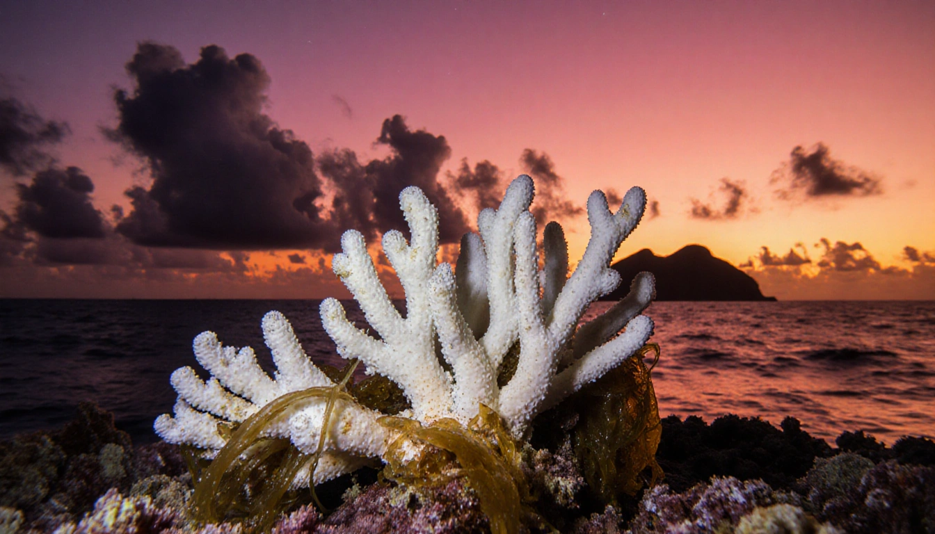 Bleached coral reef withers with tangled seaweed and sunset sky.
