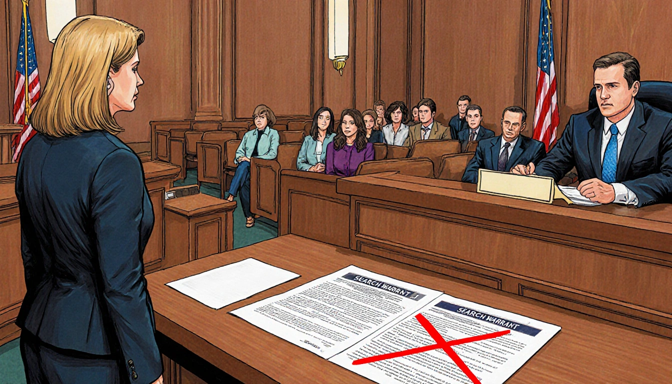 Amber Russel standing before judge's desk with legal police report search warrant marked red X with family member in courtroo