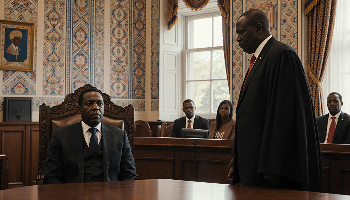 Riek Machar sits at a courtroom table with a stern judge across and South Sudanese artwork on the walls.