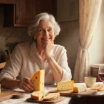 Middle‑aged woman smiling while holding a golden cheese wedge with a cozy kitchen table and warm window light
