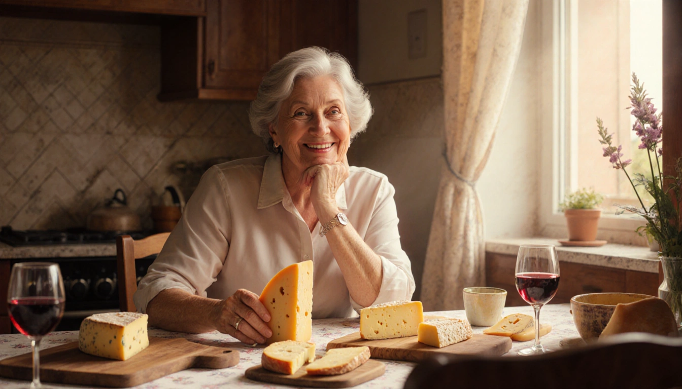 Middle‑aged woman smiling while holding a golden cheese wedge with a cozy kitchen table and warm window light