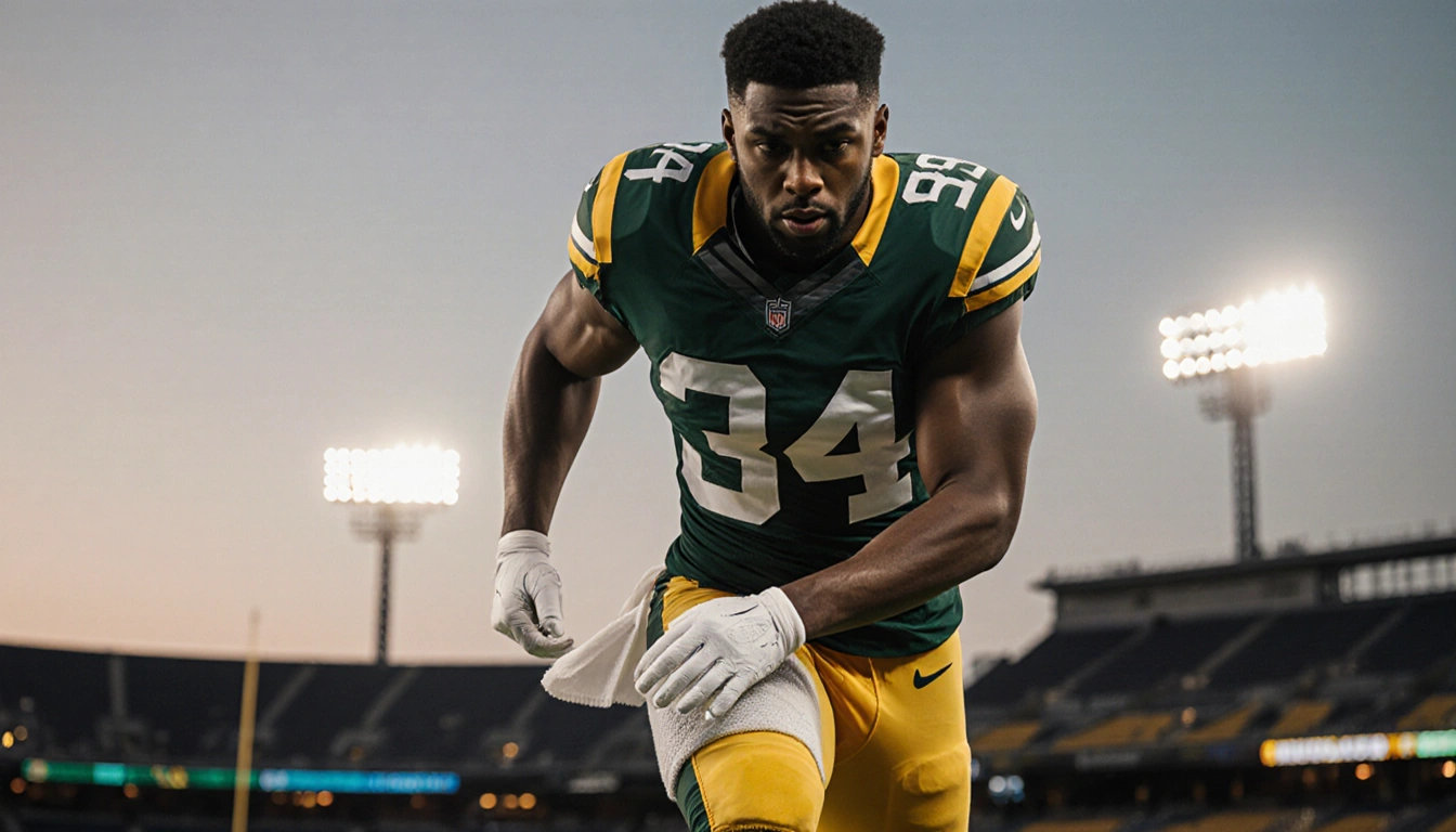 Davante Adams mid-stride with ice-pack wrapped hamstring determined expression and bandages nearby under Rams lights at dusk.