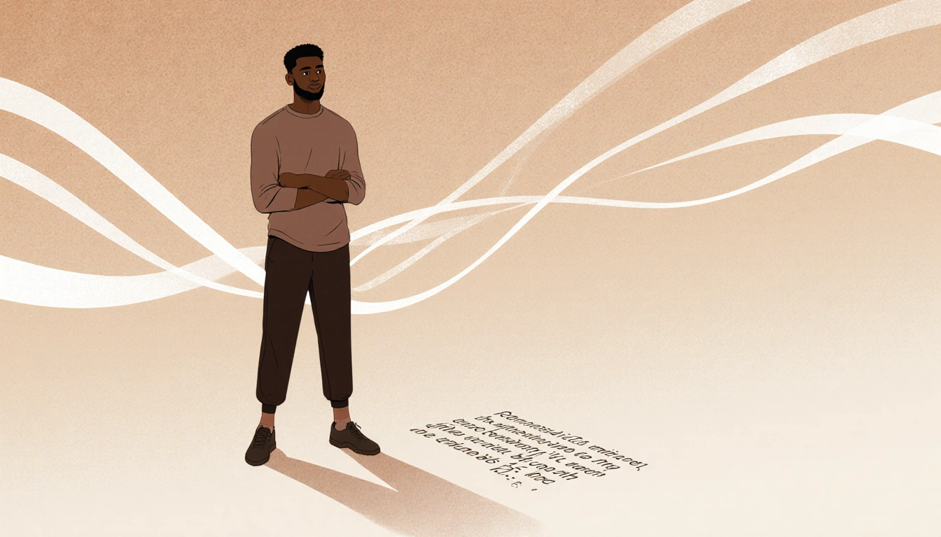 DeAndre Moore standing with a warm muted gradient background and gentle curved lines and a Bible verse on the ground