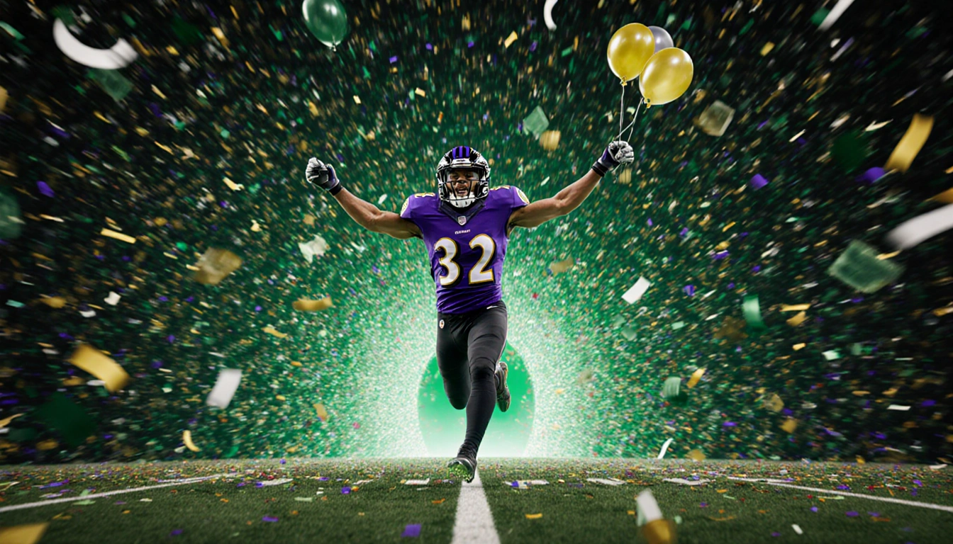 Derrick Henry sprinting toward viewer with arms raised in triumph and confetti swirling around at Lambeau Field