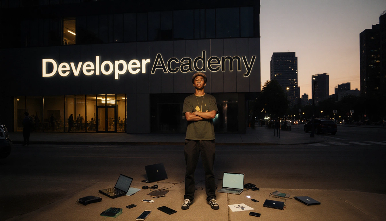 Young person stands with laptops near a modern building labeled Developer Academy golden light warming Detroit skyline.