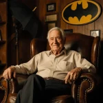 Dick Van Dyke sits in a leather armchair with a Mary Poppins umbrella and a Batman Bat‑Signal nearby and a smile on his lips