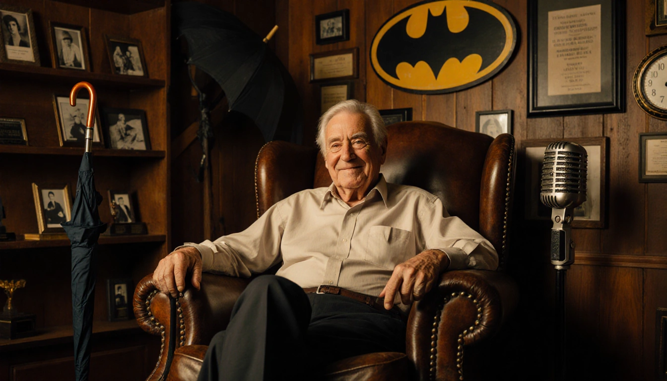 Dick Van Dyke sits in a leather armchair with a Mary Poppins umbrella and a Batman Bat‑Signal nearby and a smile on his lips