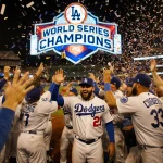 Dodgers players high‑fiving and spraying champagne with confetti and a golden scoreboard flashing CHAMPIONS