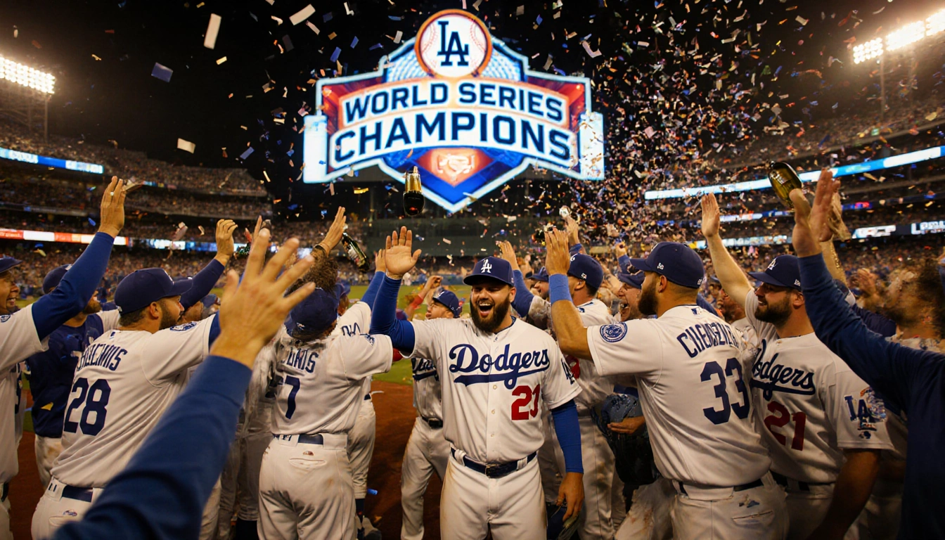 Dodgers players high‑fiving and spraying champagne with confetti and a golden scoreboard flashing CHAMPIONS
