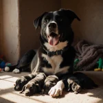 Momma dog cradles newborn puppies with warm shelter light and cozy blankets.