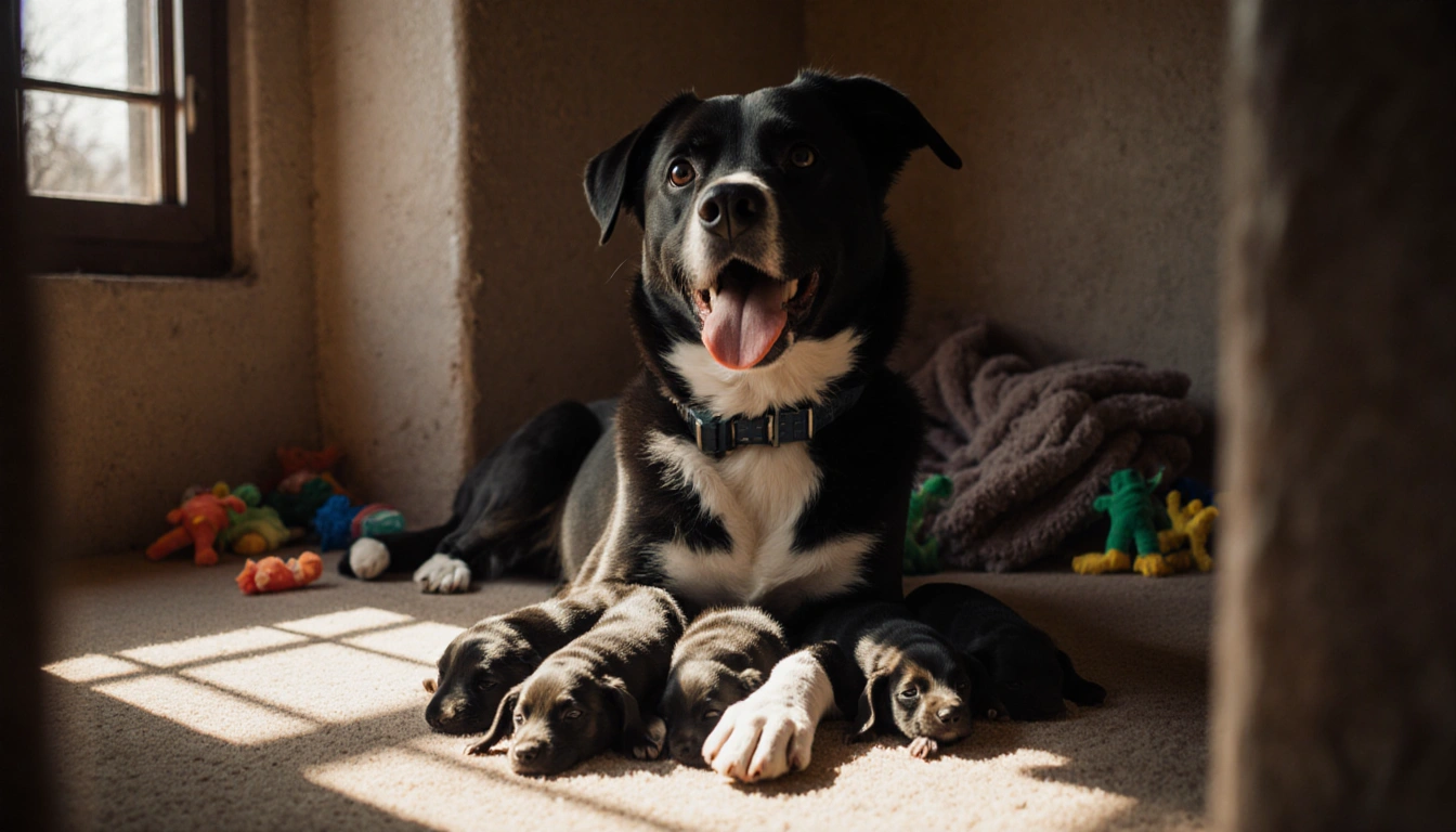 Momma dog cradles newborn puppies with warm shelter light and cozy blankets.