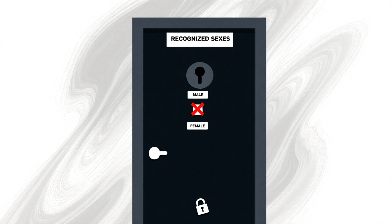 Door standing with keyhole and labels Recognized Sexes above and Male Female below with a red X lock in front.