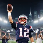 Drake Maye standing triumphantly holding a football with fans holding MVP signs and Patriots field and Boston skyline behind
