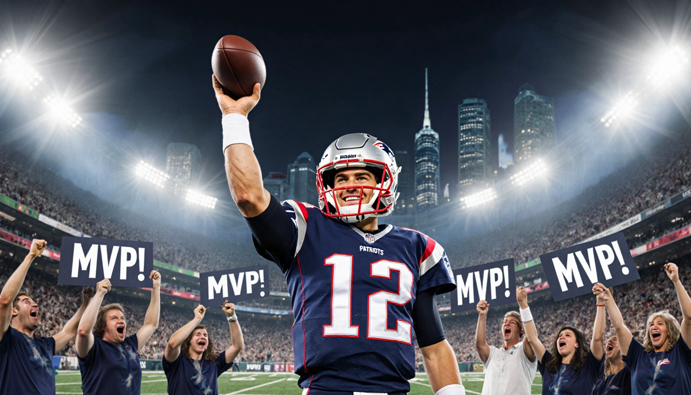 Drake Maye standing triumphantly holding a football with fans holding MVP signs and Patriots field and Boston skyline behind
