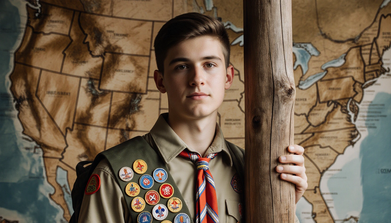 Brandon Barrett Eagle Scout standing proudly before wooden scouting post with backpack full of merit badges map background