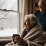 Elderly woman sipping coffee on couch with warm lighting and snowy branch outside husband smiles behind her