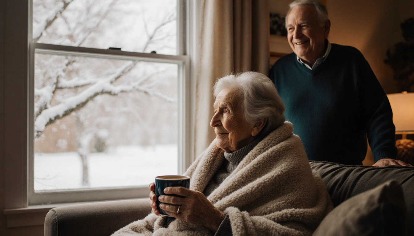 Elderly woman sipping coffee on couch with warm lighting and snowy branch outside husband smiles behind her