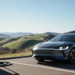 Electric car parked with headlights shining on horizon and charging cables wrapped around a station near rolling hills