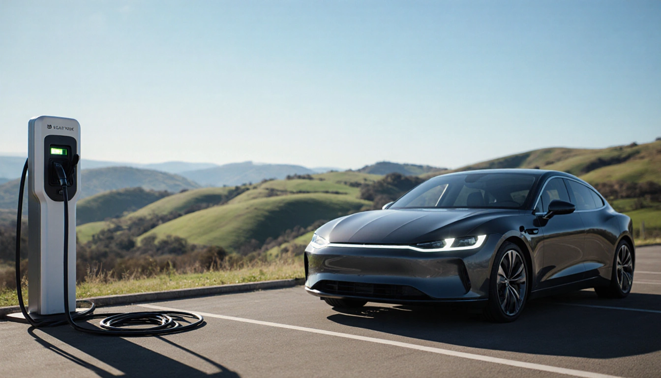 Electric car parked with headlights shining on horizon and charging cables wrapped around a station near rolling hills