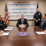 Todd Robison leading table and fire logo surrounded by firefighters and county commissioner calendar in background