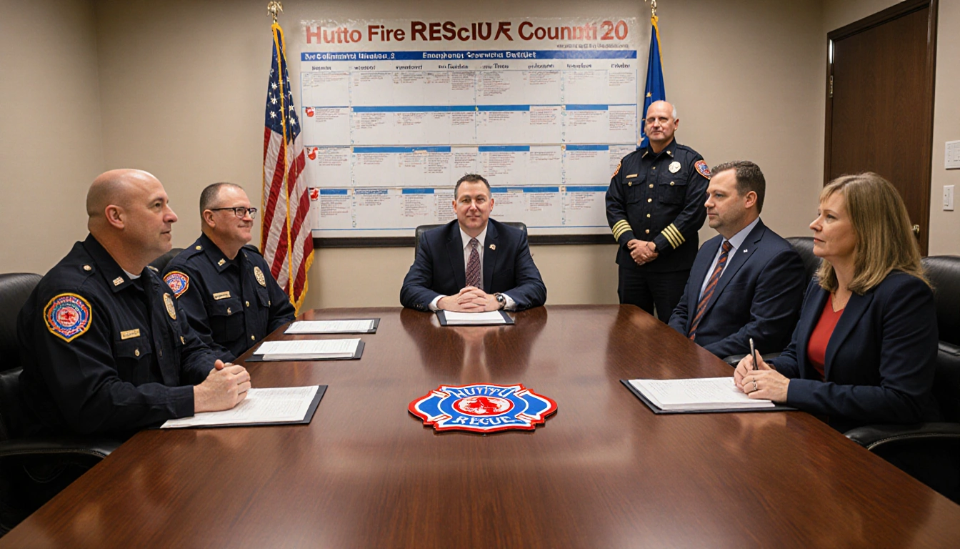 Todd Robison leading table and fire logo surrounded by firefighters and county commissioner calendar in background