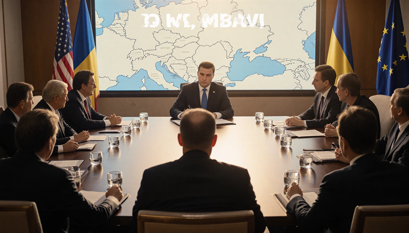 Ukrainian President signs loan agreement with EU leaders around and golden light illuminates the room with a 90 billion euro