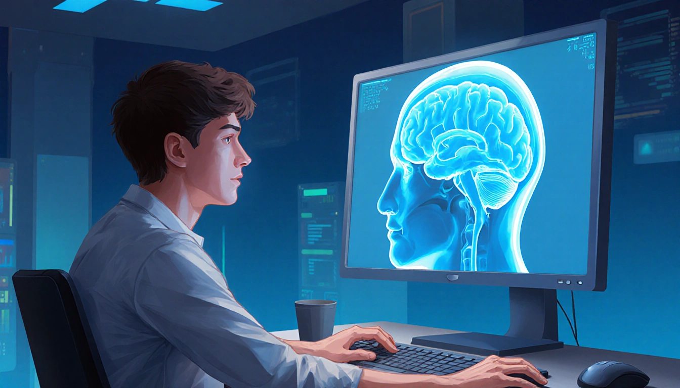 Young adult looks at computer screen with 3D brain scan in futuristic lab and soft blue gradient background