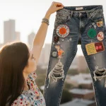 Young woman holds up distressed denim jeans with colorful patches and recycled fabric and Austin city lights blurred behind