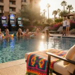 People laughing by the pool with cocktails in hand and a colorful Native American towel draped over lounge chair near Gila Ri