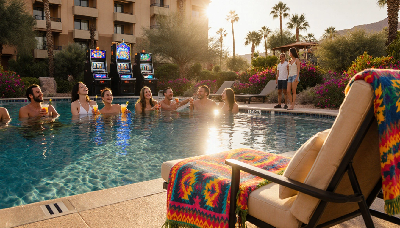 People laughing by the pool with cocktails in hand and a colorful Native American towel draped over lounge chair near Gila Ri