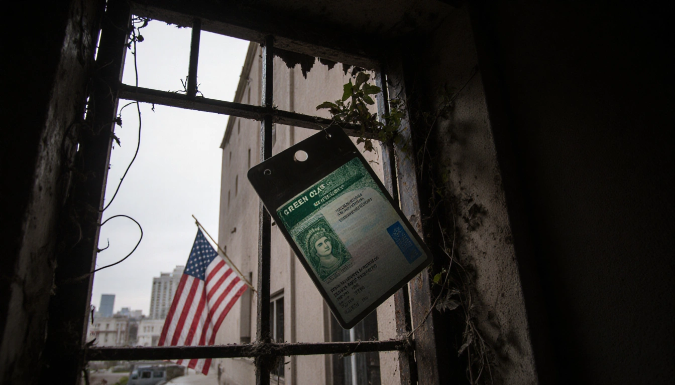 Green card visa holder hangs from gate with dust and vines covering the metal and a faded American flag behind