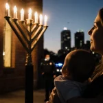 Mother holding her baby with synagogue menorah light and police officer shadows in dusk background