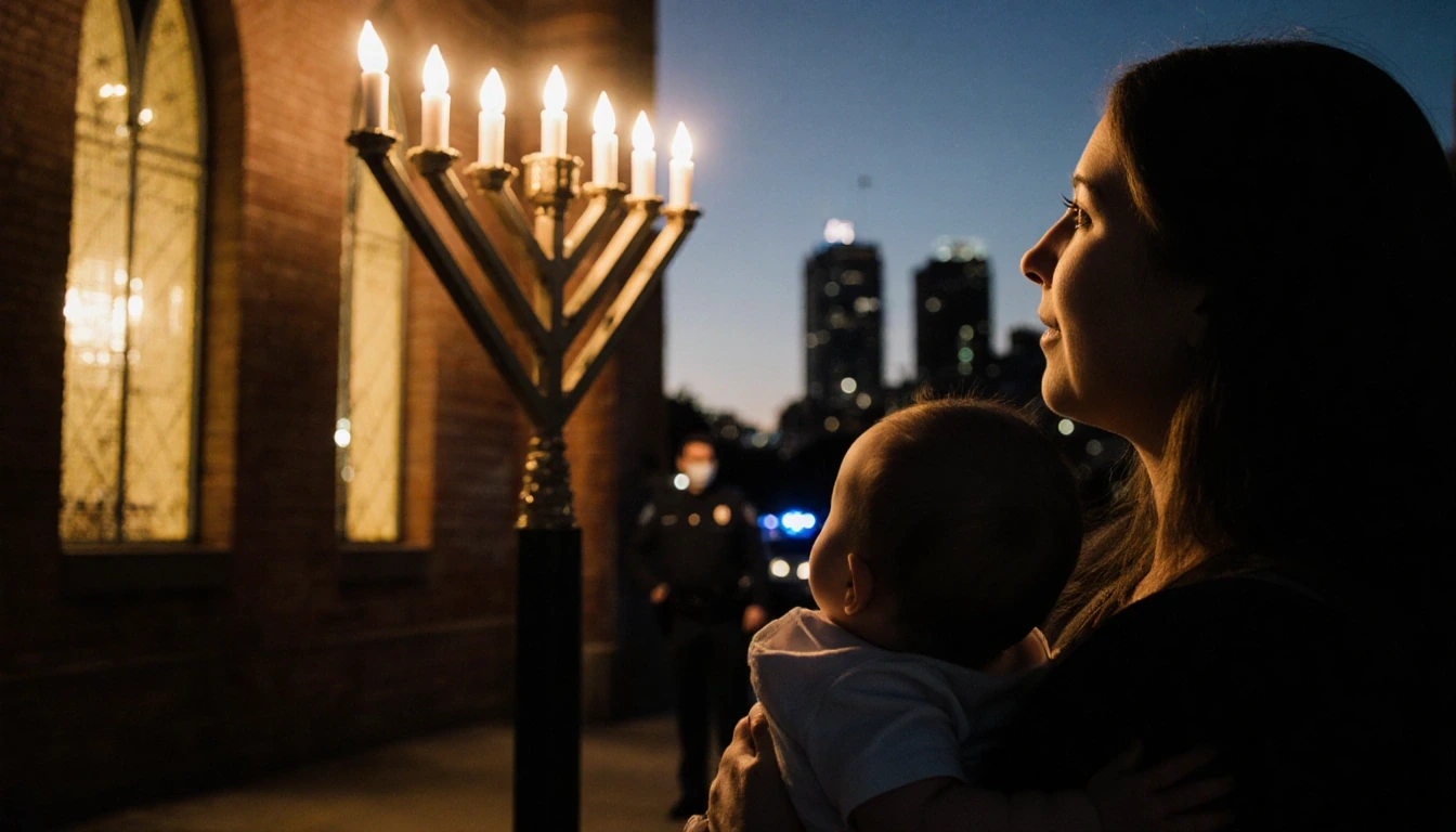 Mother holding her baby with synagogue menorah light and police officer shadows in dusk background