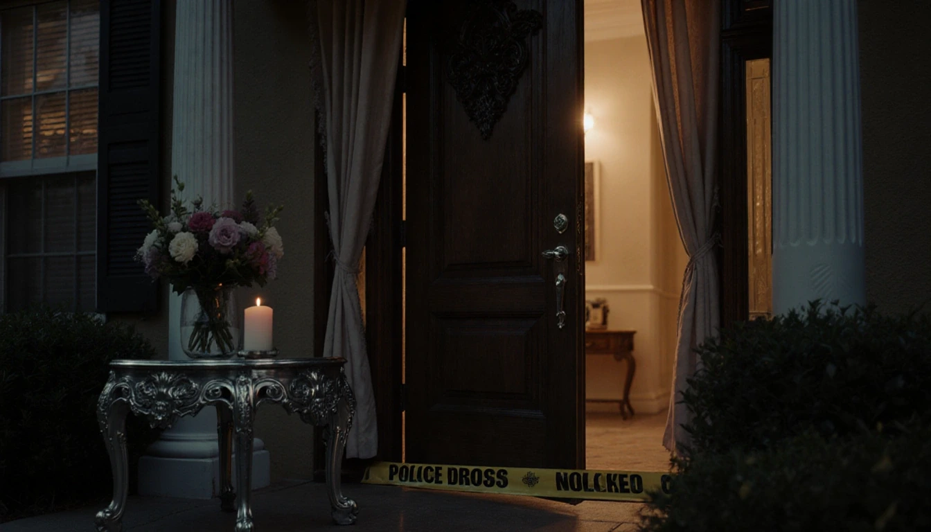 Open front door reveals dim hallway with candle and police tape.