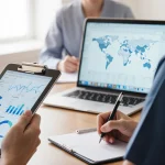 Doctor holding tablet with patient chart and notes on clipboard near laptop showing data charts.