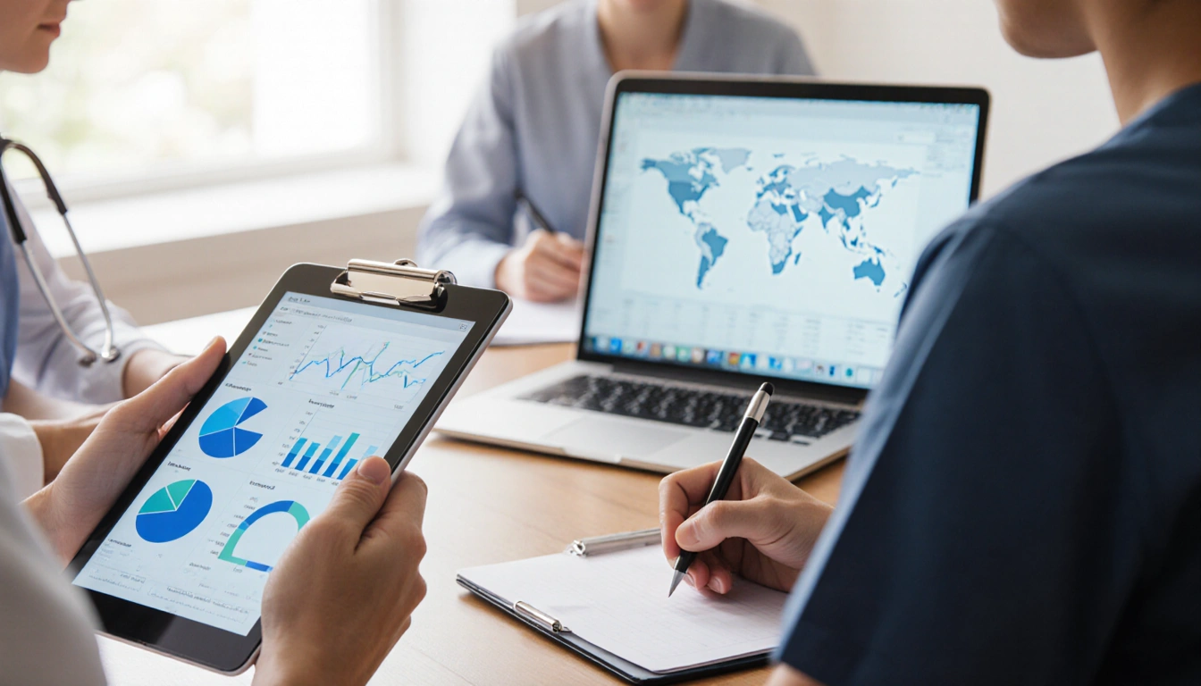 Doctor holding tablet with patient chart and notes on clipboard near laptop showing data charts.