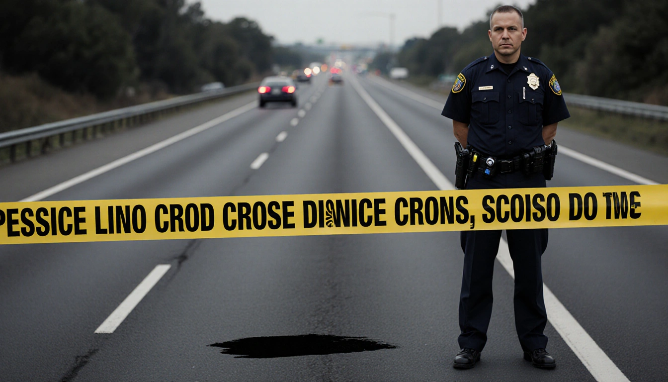 Police detective standing beside dark smudge on pavement with yellow crime tape across highway lane