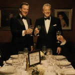 Billy Crystal and Albert Brooks toast with glasses amid golden light with script and framed photo echoing Reiners