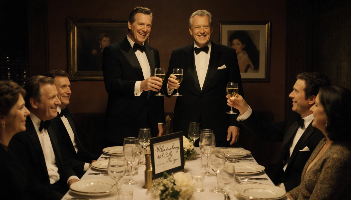 Billy Crystal and Albert Brooks toast with glasses amid golden light with script and framed photo echoing Reiners