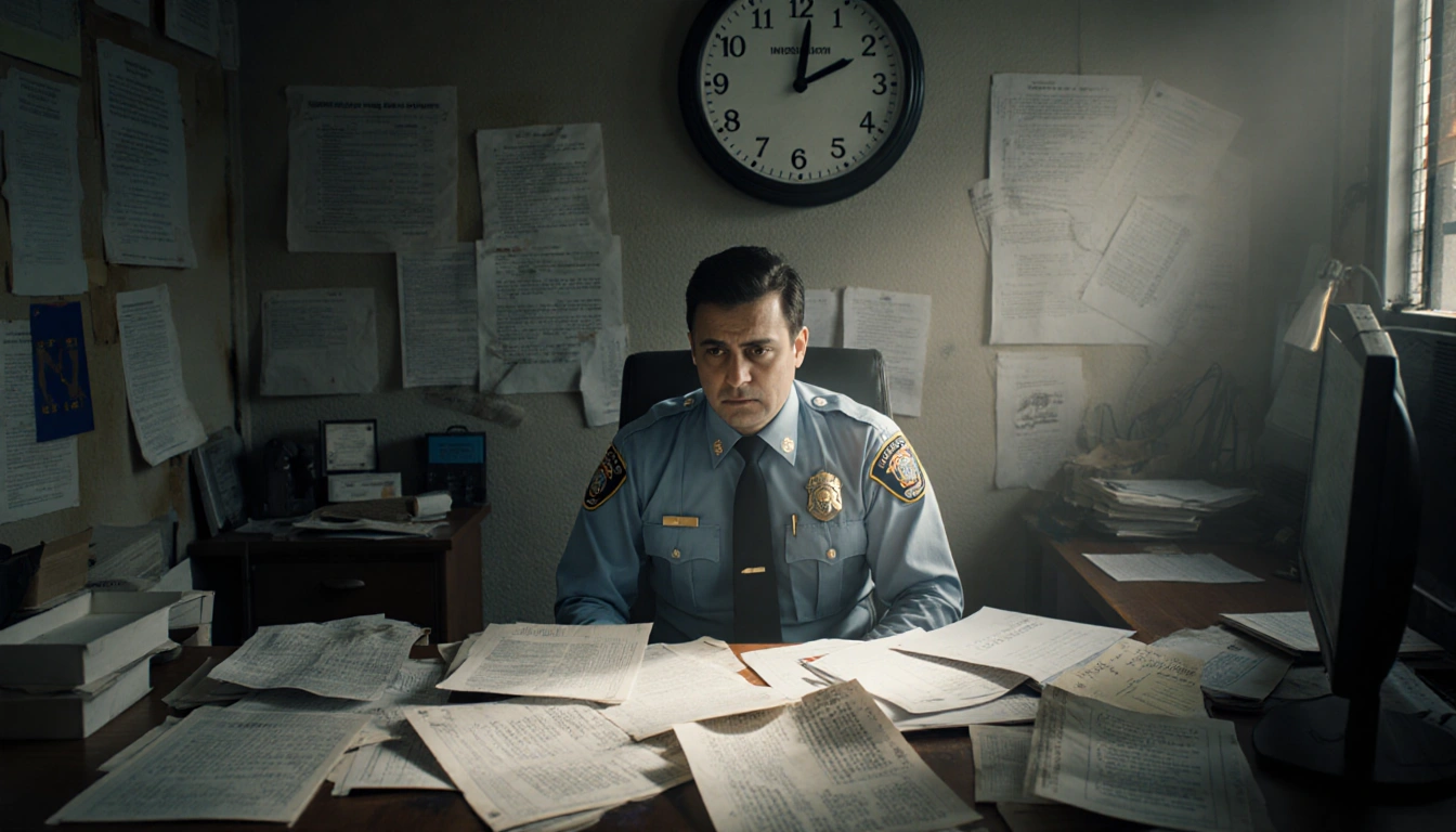 Immigration officer sits at cluttered desk with dim light and a ticking clock symbolizing bureaucracy.