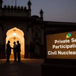 Officials shaking hands with company rep with Parliament and sign Private Sector Participation in Civil Nuclear Energy