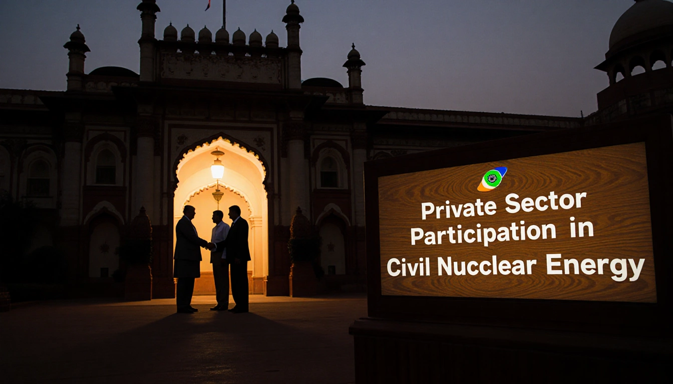 Officials shaking hands with company rep with Parliament and sign Private Sector Participation in Civil Nuclear Energy