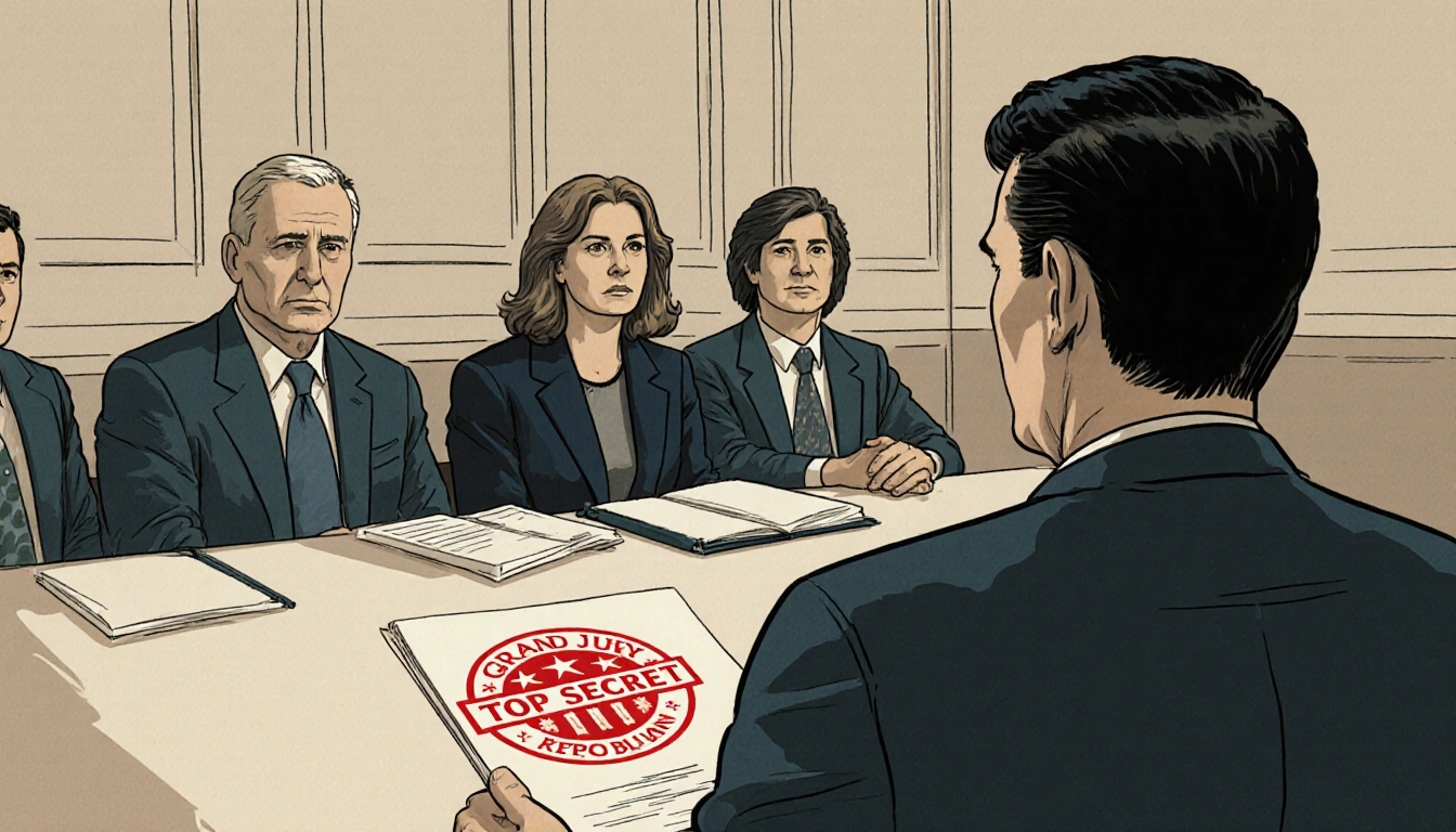 Jack Smith sitting across from House Republicans in a deposition room with a Top Secret folder on table and tense atmosphere