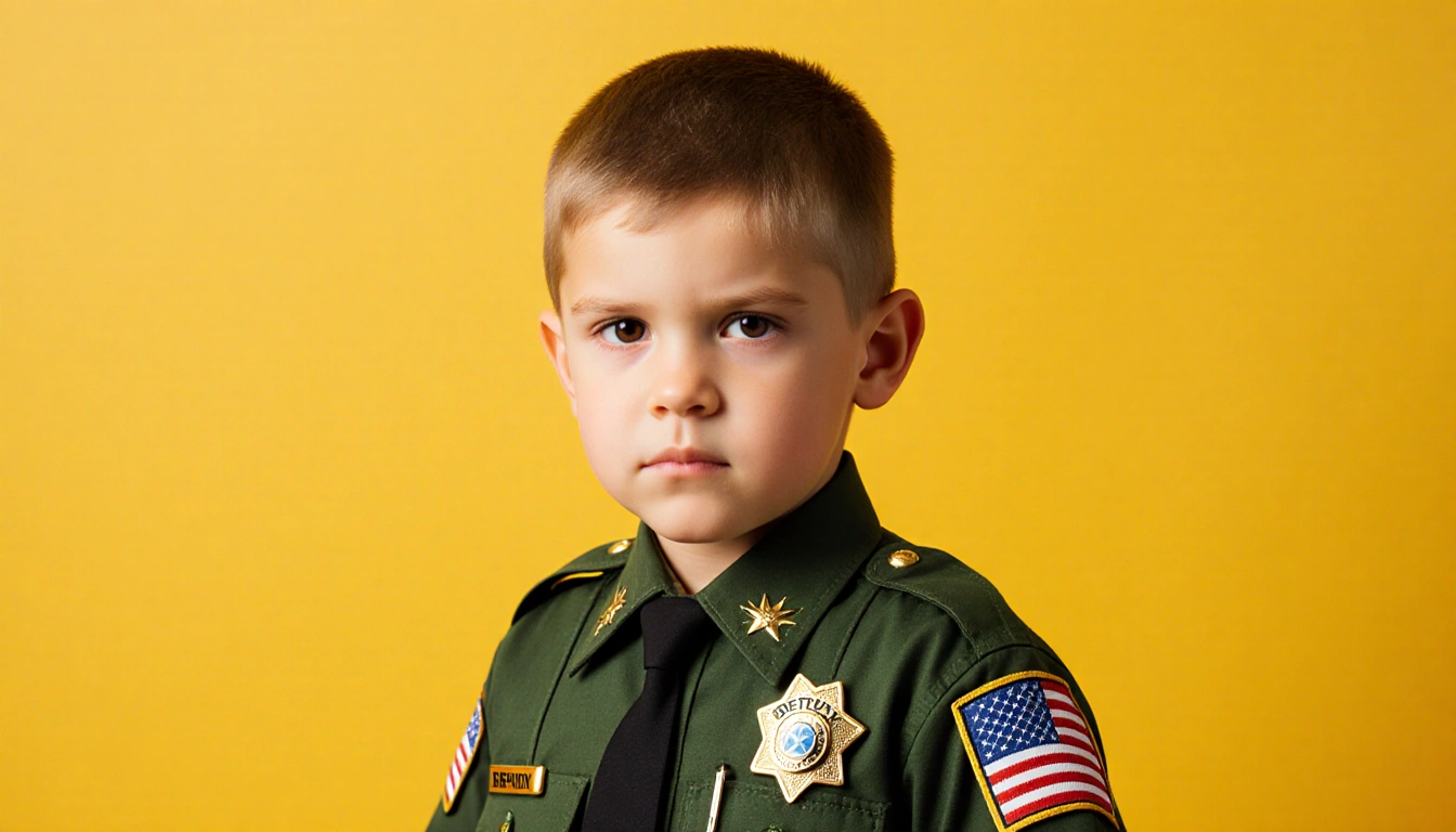 Young boy in miniature deputy uniform standing proudly and determined with tiny badge and bright yellow background.