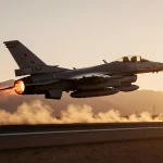 Jordanian F‑16 taking off from desert runway with orange afterburners blazing and sunset gold light over Tafila Heights