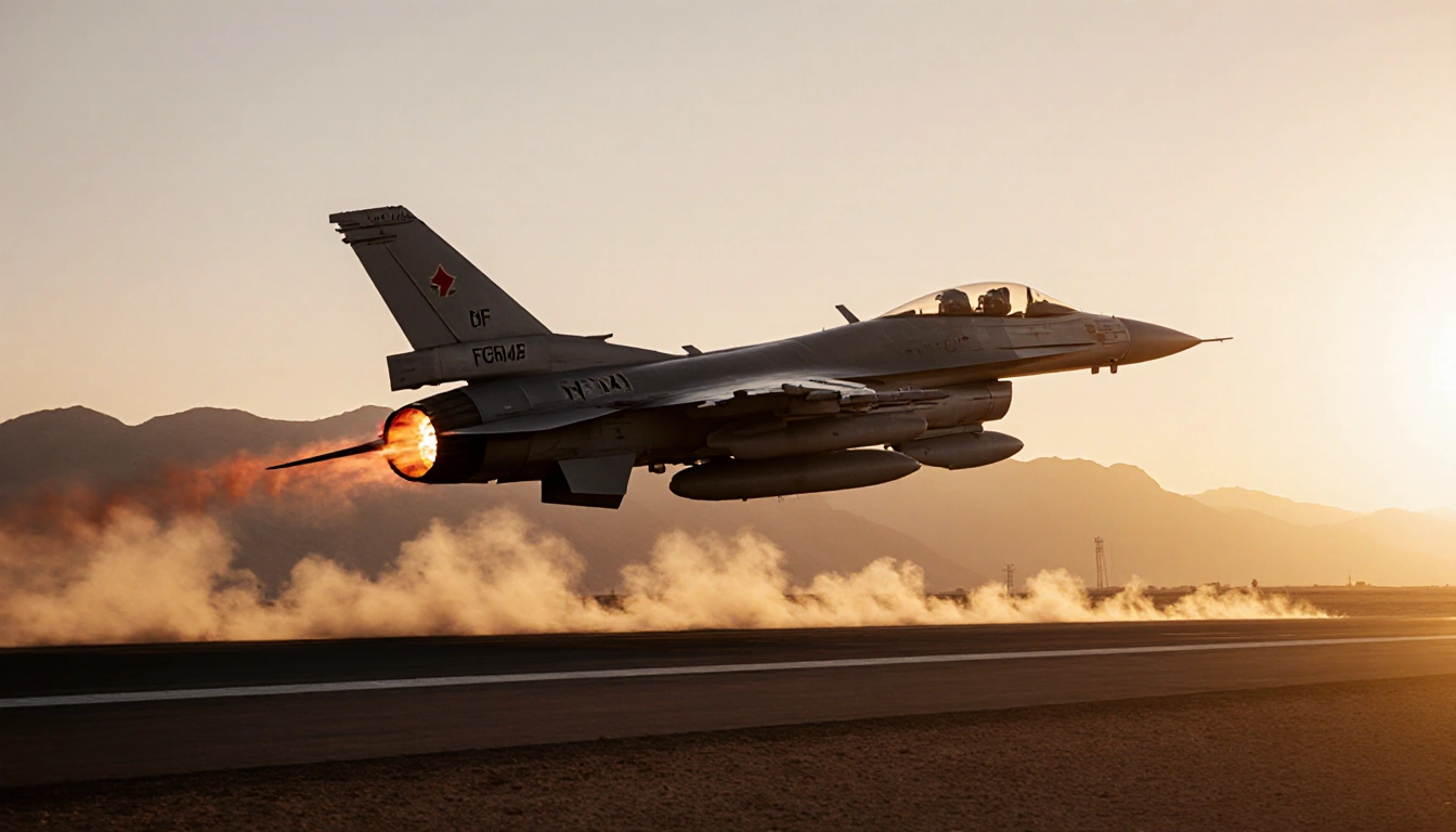 Jordanian F‑16 taking off from desert runway with orange afterburners blazing and sunset gold light over Tafila Heights
