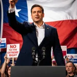 José Antonio Kast at a podium with Chilean flag behind and protesters with signs in the background