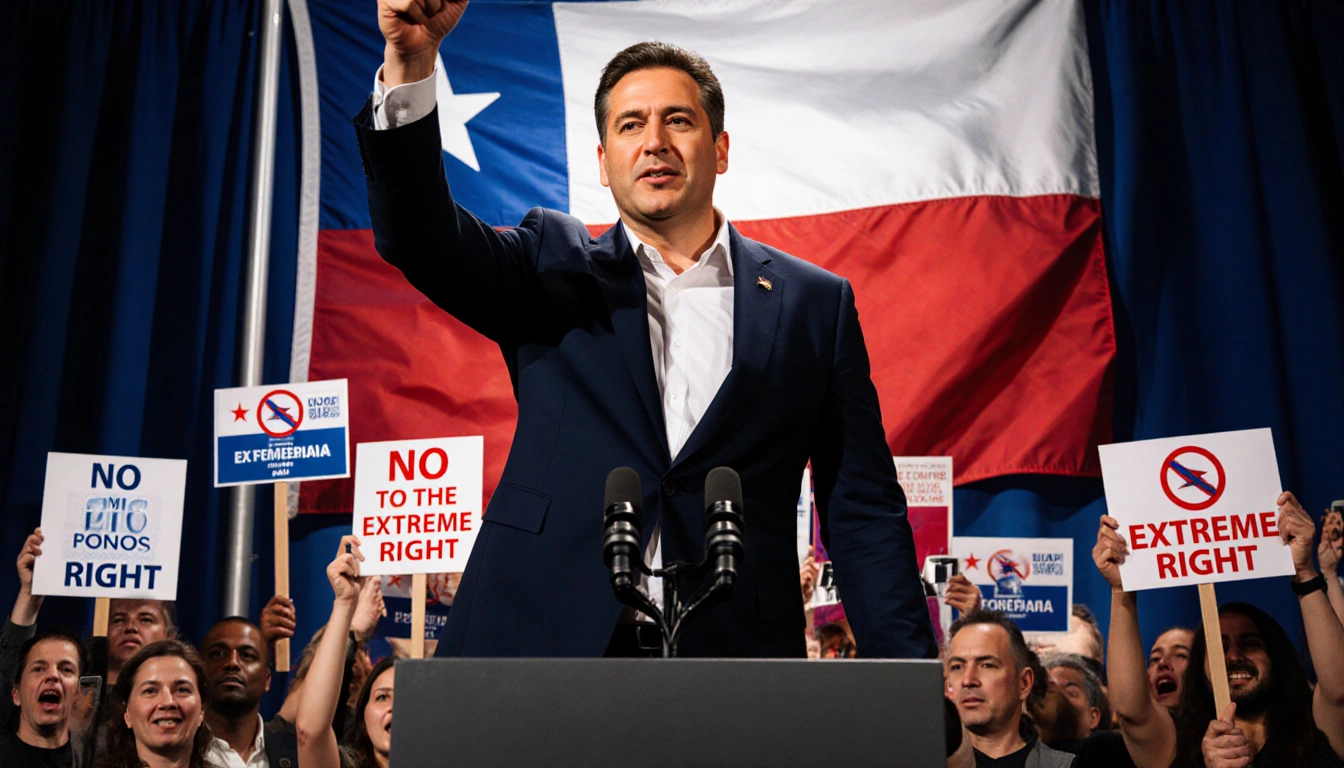 José Antonio Kast at a podium with Chilean flag behind and protesters with signs in the background