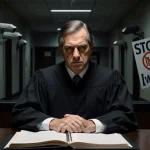 Federal judge sits at desk with ledger and expression while a hallway with security cameras and a faint Stop ICE sign looms